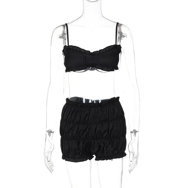 Women's Fashion Suspenders Tube Top Pleated Shorts Suit Black - Shop at LoveMi