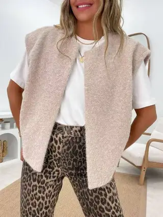 V-neck Double-sided Hand-stitched Wool Overcoat Vest - Dark Khaki Cloth Color