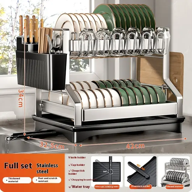 Multi functional Stainless Steel Double layer Dish Rack Cup Holder Flat Rack Suit - Shop at LoveMi
