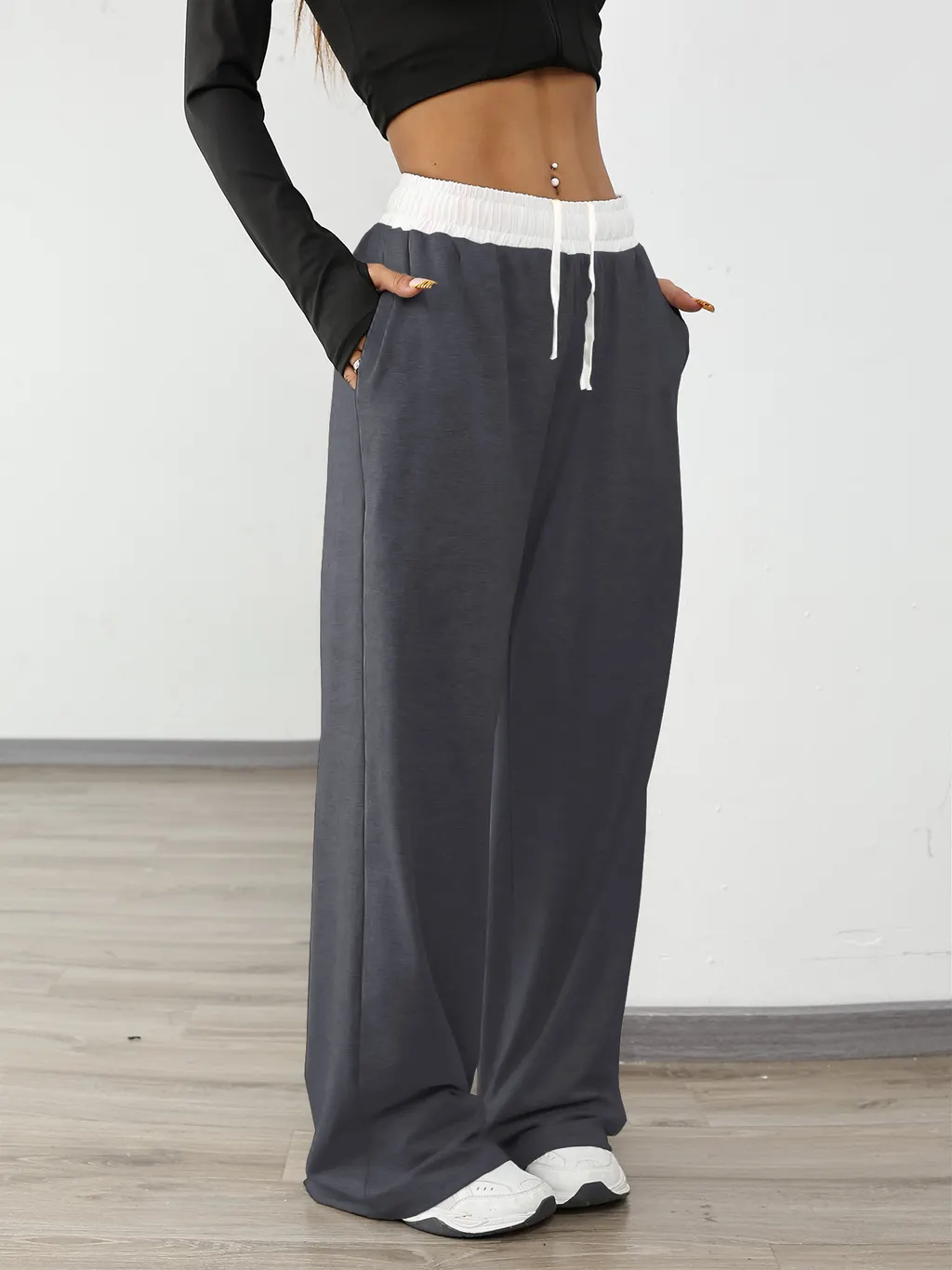 Women's Casual Sports Contrast Color Loose Comfortable Drawstring Trousers - Dark Gray
