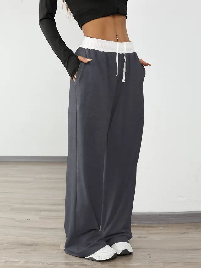 Women's Casual Sports Contrast Color Loose Comfortable Drawstring Trousers Dark Gray - Shop at LoveMi