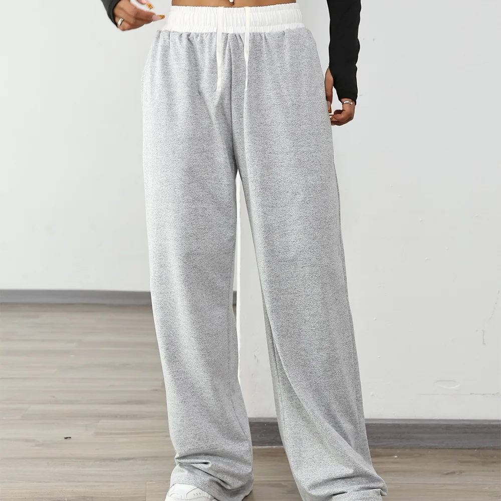 Women's Casual Sports Contrast Color Loose Comfortable Drawstring Trousers Shallow Flower Grey - Shop at LoveMi