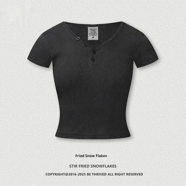 American Retro Design Slim Top Button V neck Shoulder Short Sleeve Fried Snowflake - Shop at LoveMi