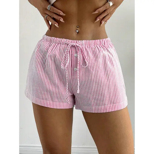 Fashionable Basic Striped Elastic Casual Shorts Home Loose Slimming Gk34 Pink Striped - Shop at LoveMi