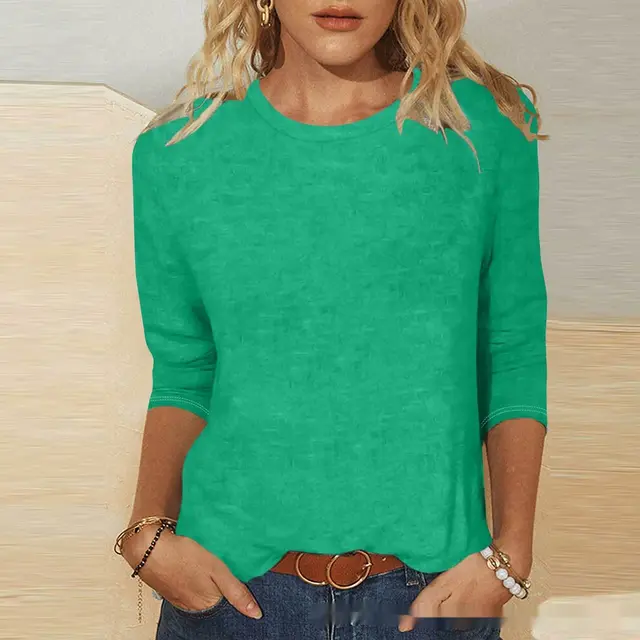 Round Neck 34 Sleeves Casual Top For Women Green - Shop at LoveMi