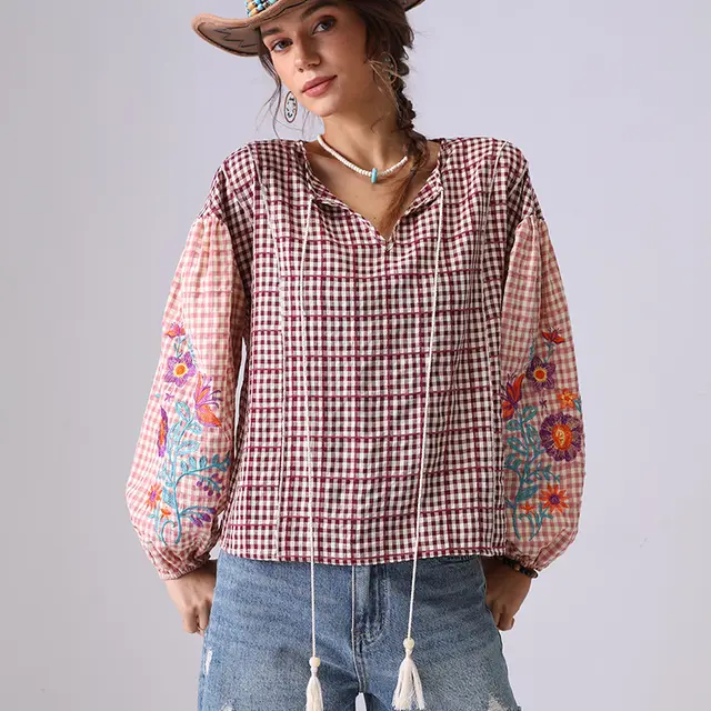 French Minority Women's Puff Sleeve Patchwork Top Red - Shop at LoveMi