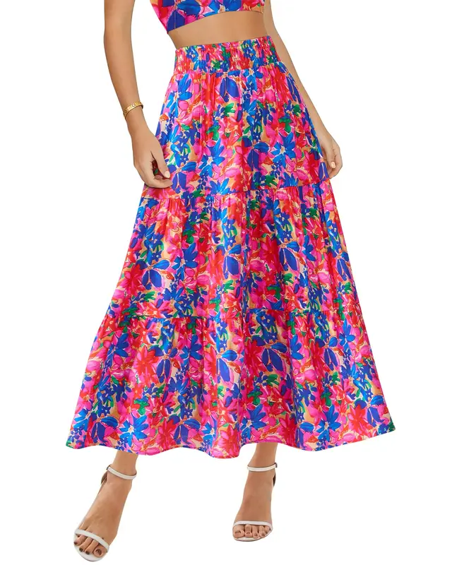 Women's Floral Print Midi Elastic High Waist Crimp Skirt Blue Pink - Shop at LoveMi