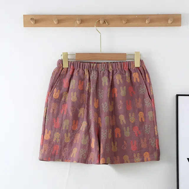 New Summer Retro Jacquard Shorts Thin Cotton Double Side Pocket Home Pants Purple Bunny - Shop at LoveMi