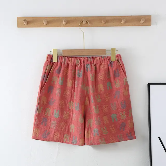 New Summer Retro Jacquard Shorts Thin Cotton Double Side Pocket Home Pants Red Bunny - Shop at LoveMi