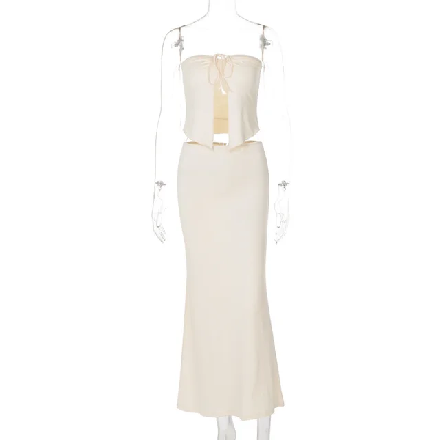 Sexy Patchwork Chest Wrap Midriff baring Top Slim Skirt Suit Apricot - Shop at LoveMi