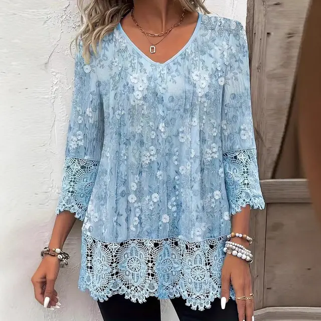 V neck Lace Lace collared Blouse Light Blue - Shop at LoveMi