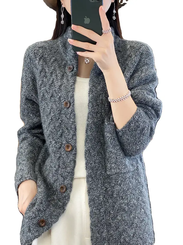 Women's Knitted Cardigan Thickened Twist Black And White Flowers - Shop at LoveMi