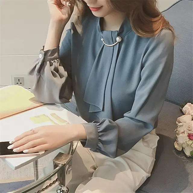 Women's Design Long Sleeve Korean Style Shirt Blue - Shop at LoveMi