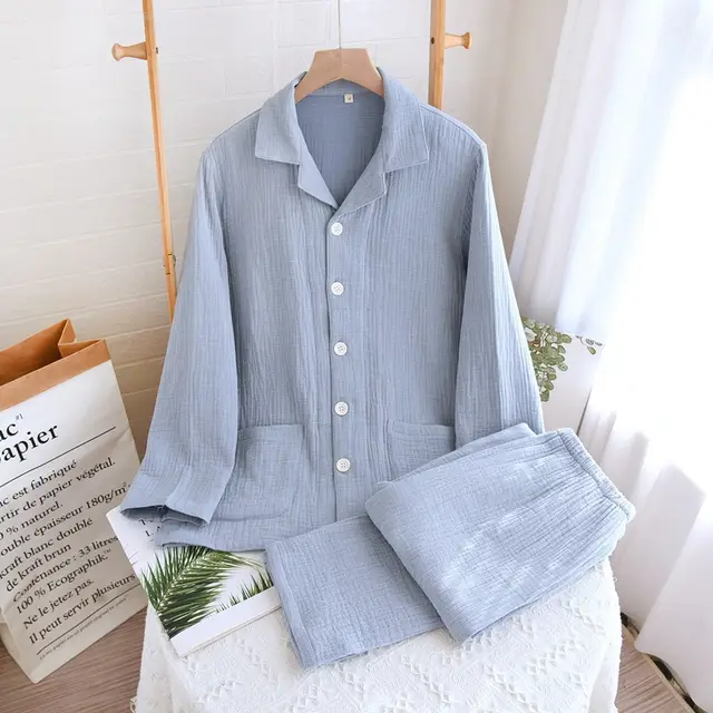 Pajamas Women's Cotton Four layer Gauze Couple Male Blue - Shop at LoveMi