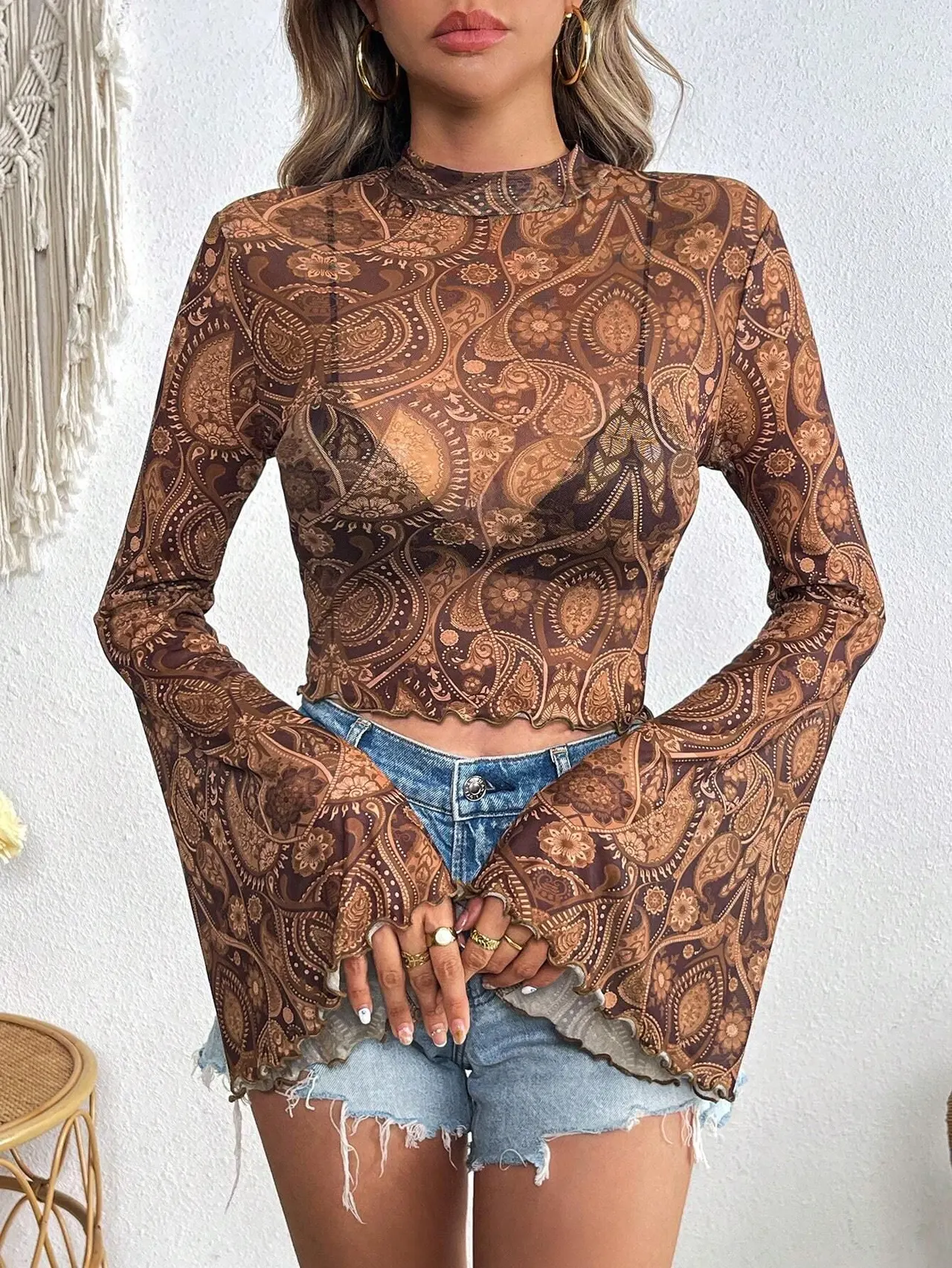Mesh Floral Print Round-neck Flared Sleeves Long Sleeve - Brown