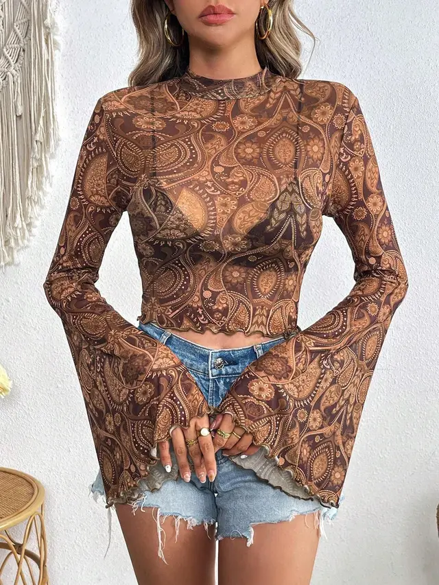 Mesh Floral Print Round neck Flared Sleeves Long Sleeve Brown - Shop at LoveMi