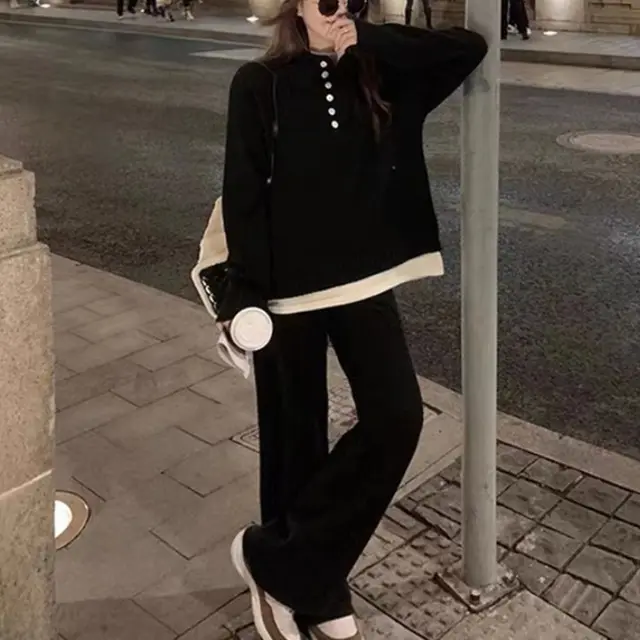 Knitwear Sweater Wide Leg Pants Two piece Set Black - Shop at LoveMi