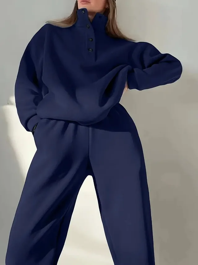 Women's Fashion Button Stand Collar Suit Two piece Set Blue - Shop at LoveMi