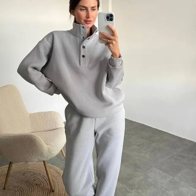 Women's Fashion Button Stand Collar Suit Two piece Set Gray - Shop at LoveMi