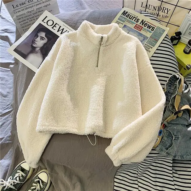 Women's Half Turtleneck Fleece lined Thick Lambskin Sweater Apricot Solid Color - Shop at LoveMi