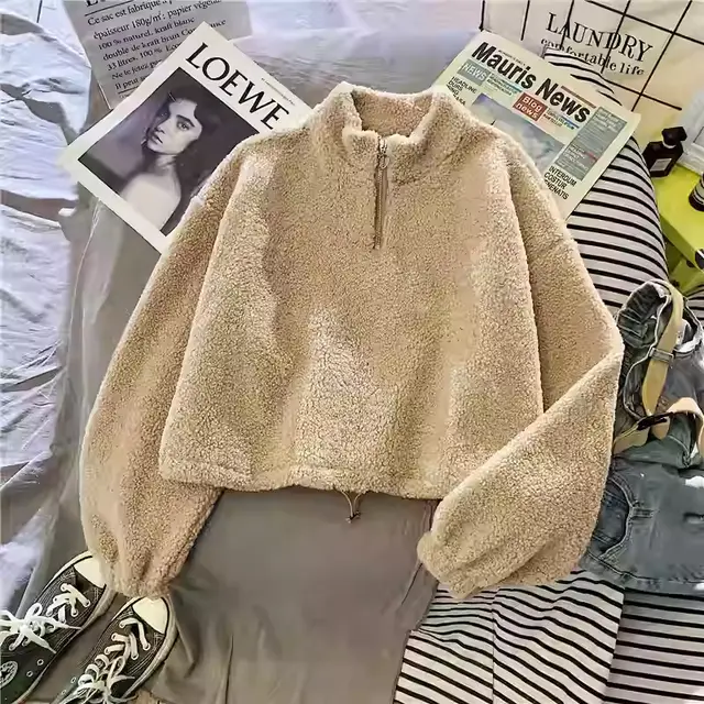Women's Half Turtleneck Fleece lined Thick Lambskin Sweater Khaki Solid Color - Shop at LoveMi