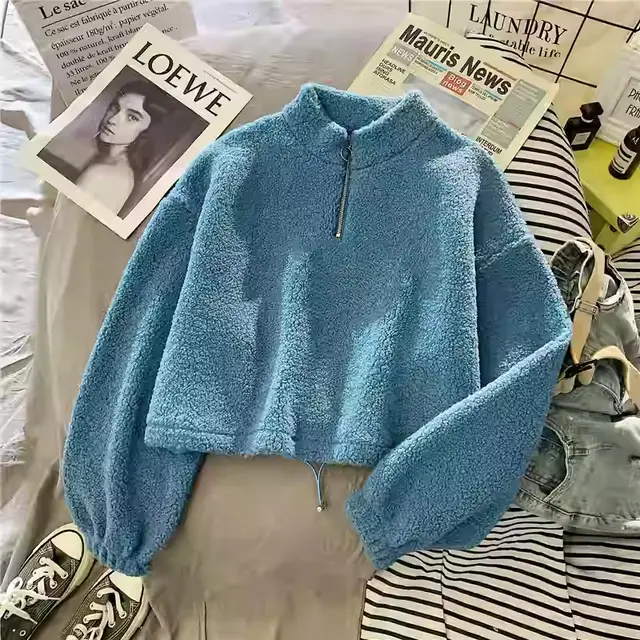 Women's Half Turtleneck Fleece lined Thick Lambskin Sweater Solid Blue Style - Shop at LoveMi