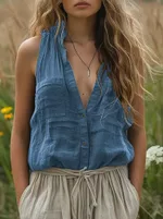 Women's Casual Loose Sleeveless Cotton Linen V-neck Pocket Vest Shirt - Blue