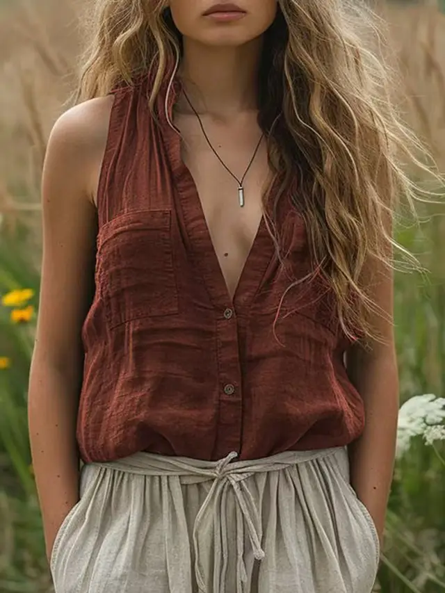 Women's Casual Loose Sleeveless Cotton Linen V neck Pocket Vest Shirt Brown - Shop at LoveMi