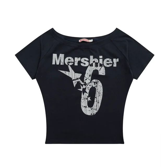 Retro Slant Shoulder Letter Print Short sleeve Women Navy Blue - Shop at LoveMi