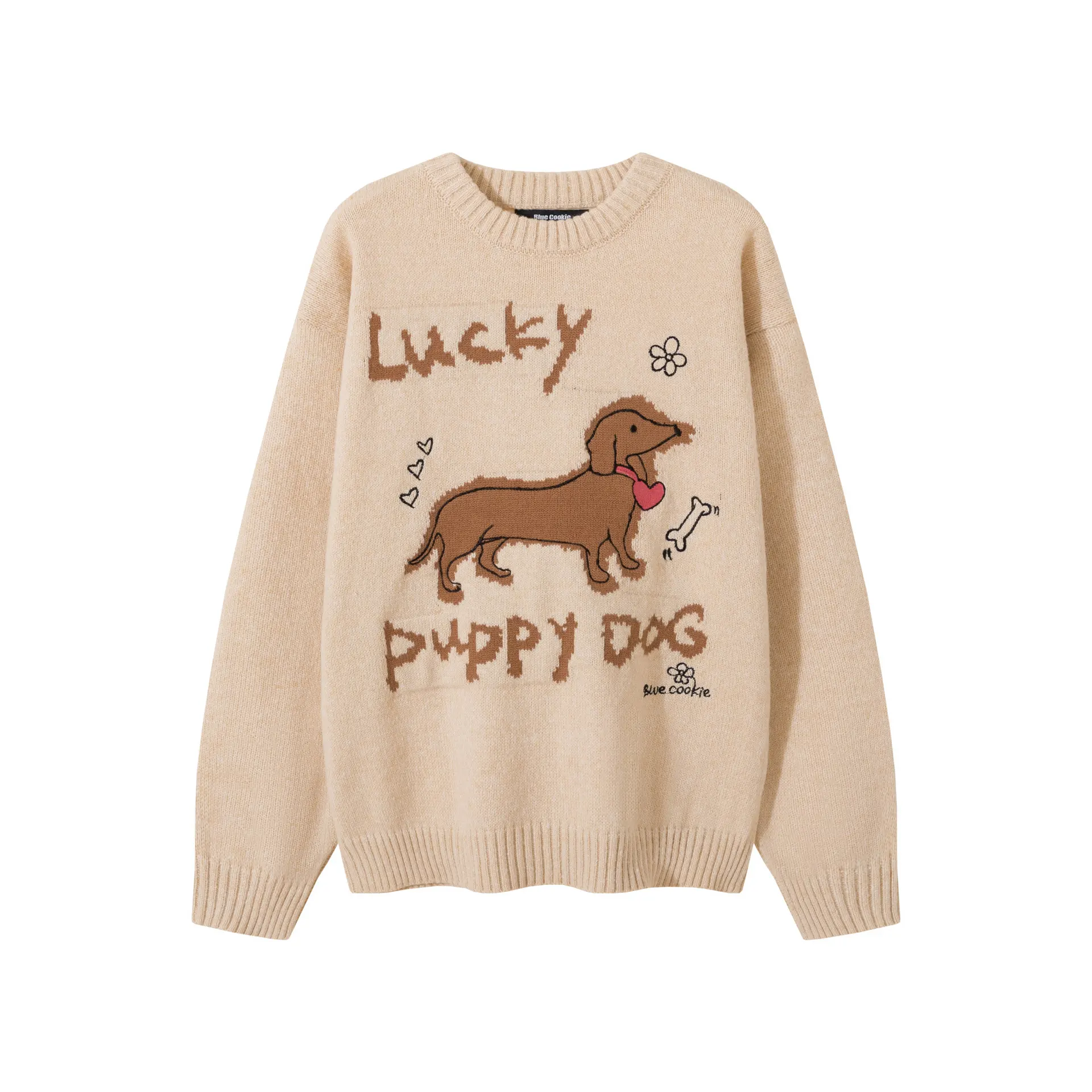 Real Shot Sweet Girl Dog Pattern Loose Pullover - Khaki