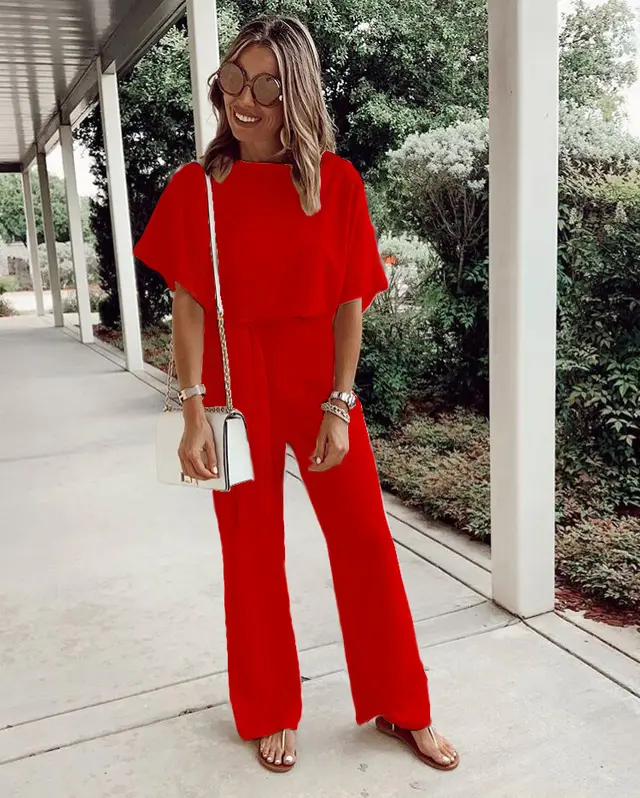 Women's Loose Casual Lace Up Jumpsuit Short Sleeve Red - Shop at LoveMi