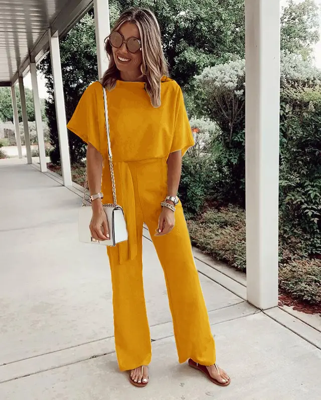 Women's Loose Casual Lace Up Jumpsuit Short Sleeve Yellow - Shop at LoveMi