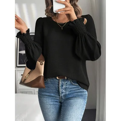 Casual Round Neck Solid Color Lantern Sleeve Shirt For Women Black - Shop at LoveMi