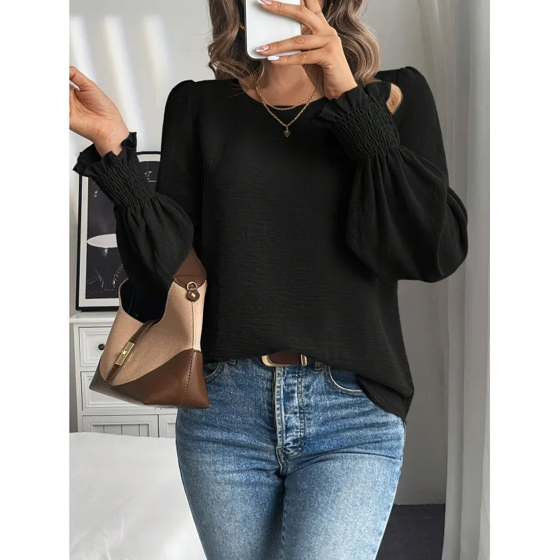 Casual Round Neck Solid Color Lantern Sleeve Shirt For Women - Black