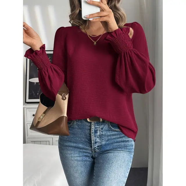 Casual Round Neck Solid Color Lantern Sleeve Shirt For Women Wine Red - Shop at LoveMi
