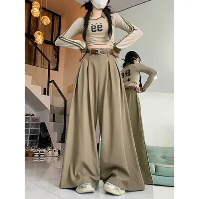 Women's Korean style Loose Design Suit Pants Casual Pants Khaki - Shop at LoveMi