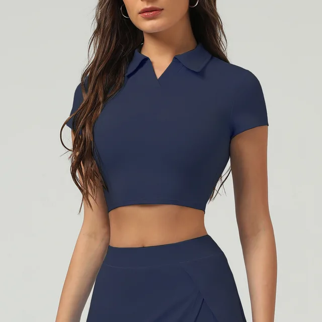 Lapel Short Sleeve Quick drying Sunscreen Tennis Yoga Clothing Top Dark Blue - Shop at LoveMi