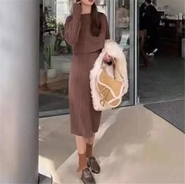 Two piece Set Sweater Women Knitted Dress Coffee - Shop at LoveMi