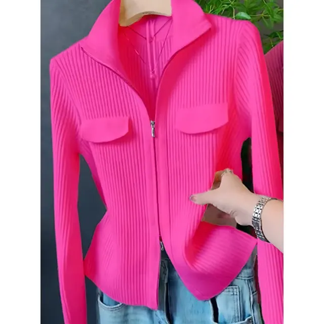 Lapel Long Sleeve Knitted Cardigan Sweater For Women Rose Red - Shop at LoveMi