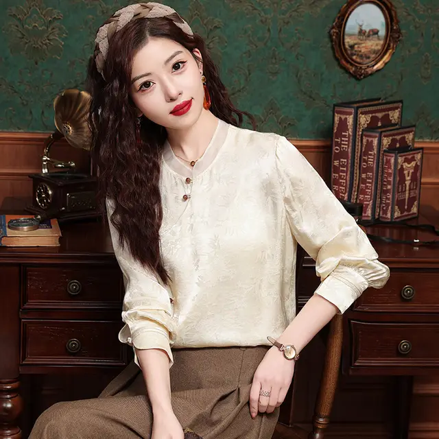 Retro Tang Suit Oblique Placket Long sleeved Top - Shop at LoveMi