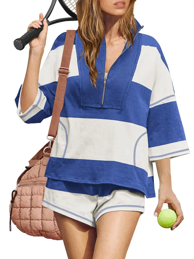 Women's Striped Half Sleeve Oversized Lining Shorts Casual Sportswear Two piece Set Blue White - Shop at LoveMi