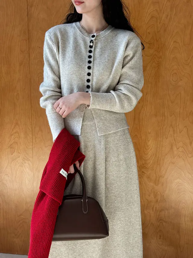 Sweater Cardigan High Waist Skirt For Women Apricot - Shop at LoveMi