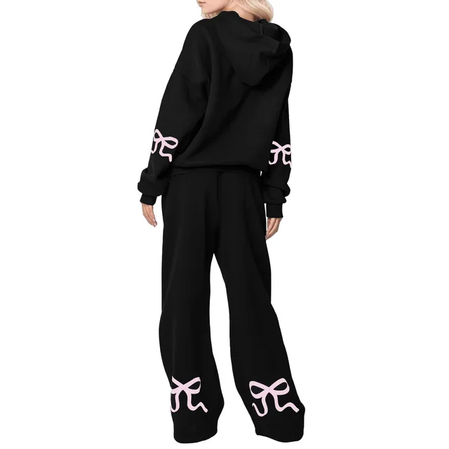 Outdoor Sports Loose Bowknot Printed Women's Casual Sweatshirt Sweatpants Suit Black - Shop at LoveMi