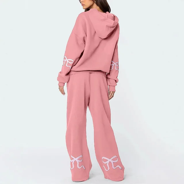 Outdoor Sports Loose Bowknot Printed Women's Casual Sweatshirt Sweatpants Suit Pink 1 - Shop at LoveMi