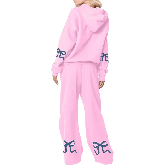 Outdoor Sports Loose Bowknot Printed Women's Casual Sweatshirt Sweatpants Suit Pink - Shop at LoveMi