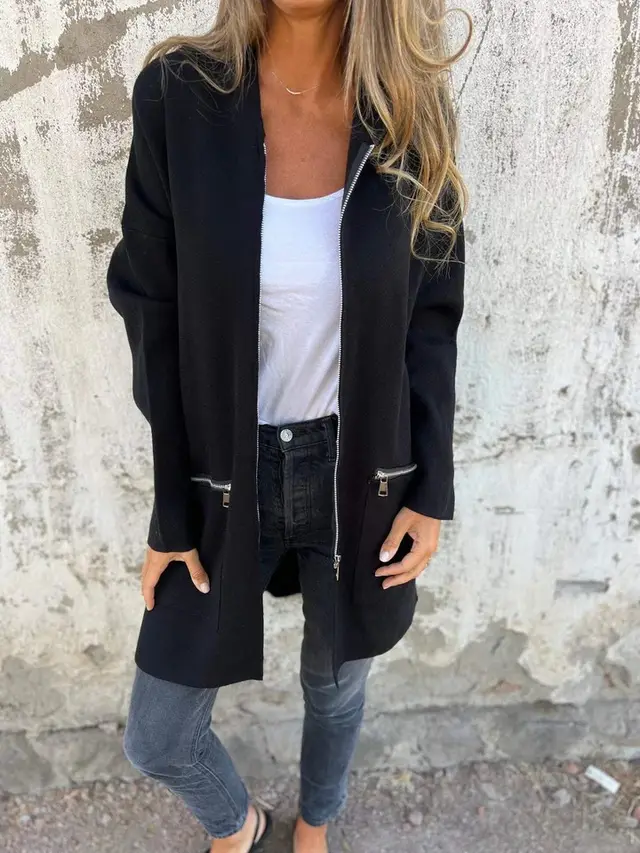 Zip up Hooded Cardigan Coat Fashion Solid Color Pocket Jacket Fall And Winter Women's Coat Clothing Black - Shop at LoveMi