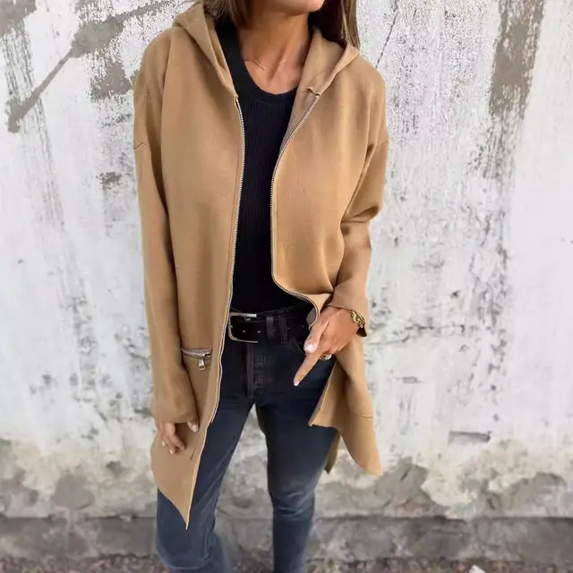 Zip up Hooded Cardigan Coat Fashion Solid Color Pocket Jacket Fall And Winter Women's Coat Clothing Camel - Shop at LoveMi