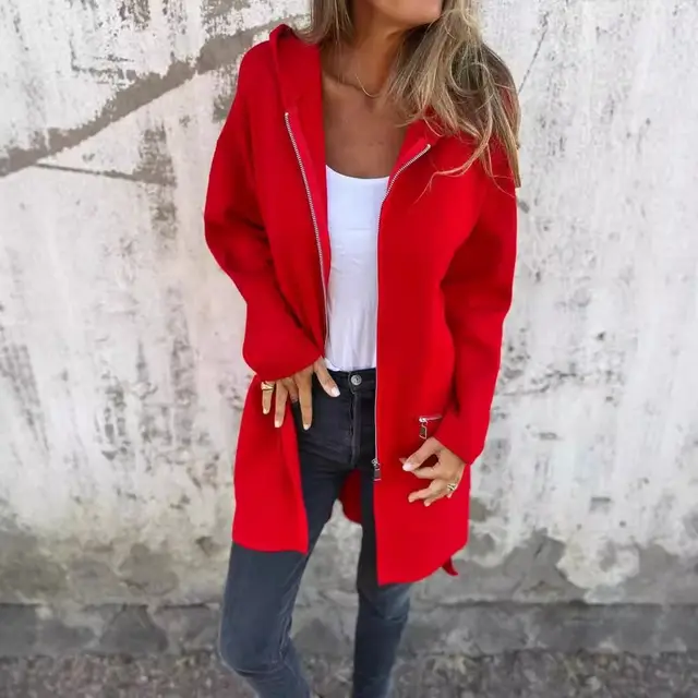 Zip up Hooded Cardigan Coat Fashion Solid Color Pocket Jacket Fall And Winter Women's Coat Clothing Red - Shop at LoveMi