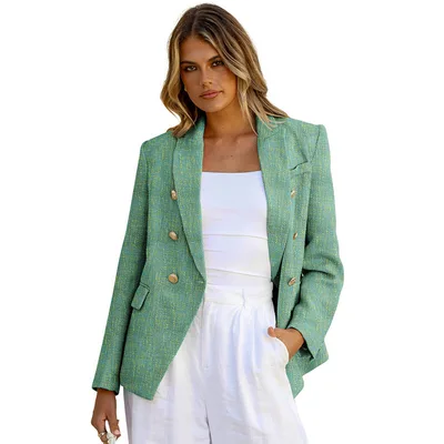 Women's Solid Color Slim fit Suit With Metal Breasted Lc852370 Green - Shop at LoveMi