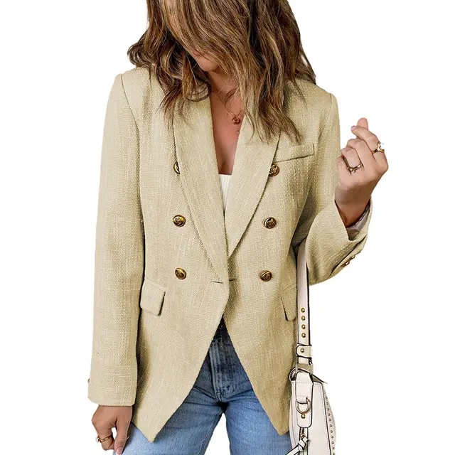 Women's Solid Color Slim fit Suit With Metal Breasted Lc852370 Khaki - Shop at LoveMi